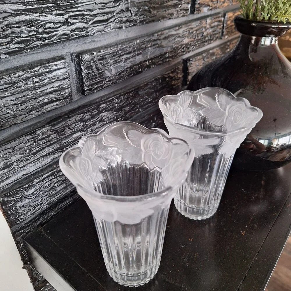 Studio Nova‎ Japan Etched Crystal Pair Floral Vase Set Of 2 Matching Vintage